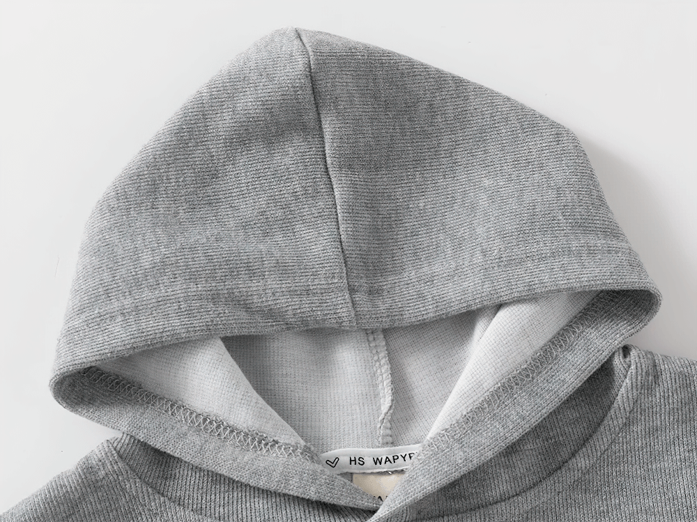 Gray fleece-lined kid's hooded sweatshirt with cozy interior and stylish white stripes on sleeves. Perfect for boys and girls' casual winter wear.